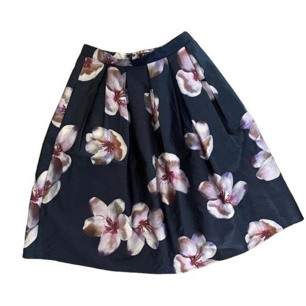 BLVD Midi Navy Blue Purple Floral Skirt, Sz Med/Lg